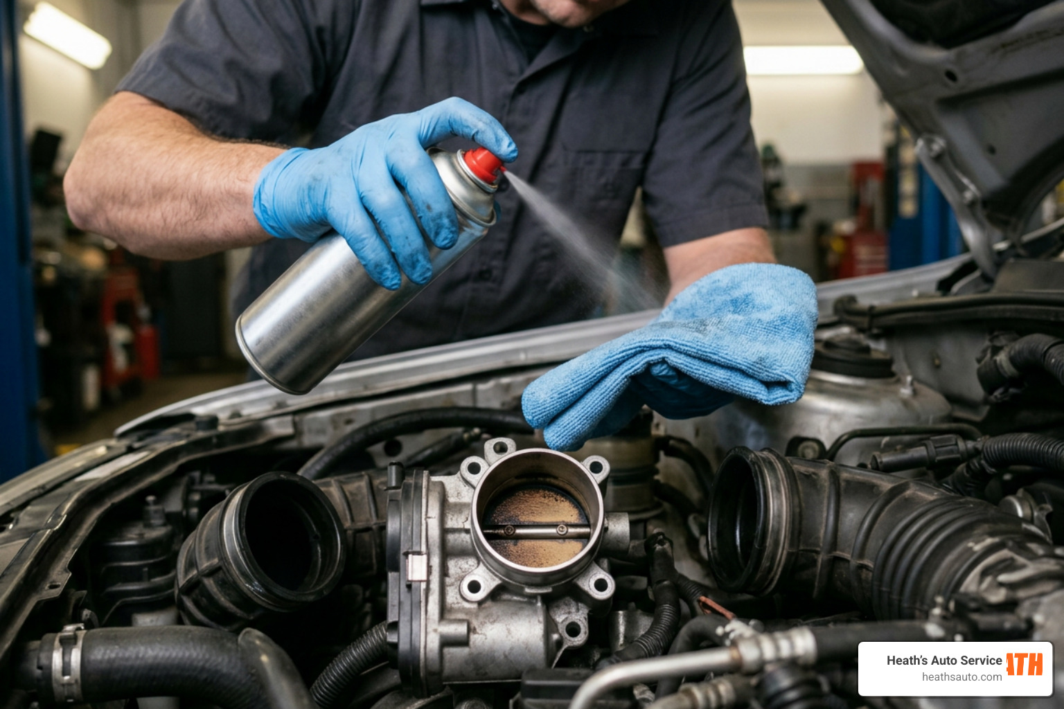 A mechanic spraying throttle body cleaner onto a microfiber cloth to clean carbon buildup