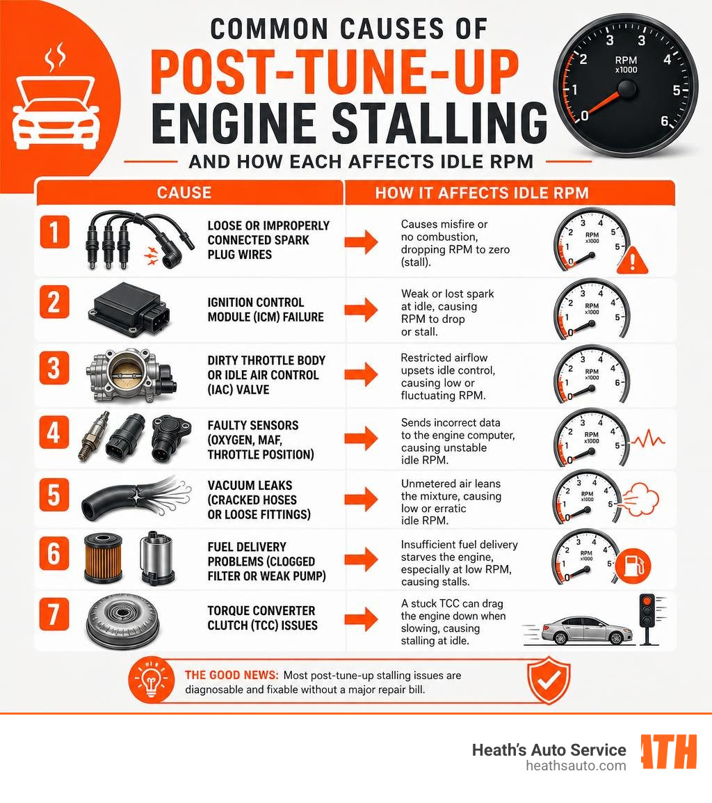 Common causes of post-tune-up engine stalling and how each affects idle RPM infographic