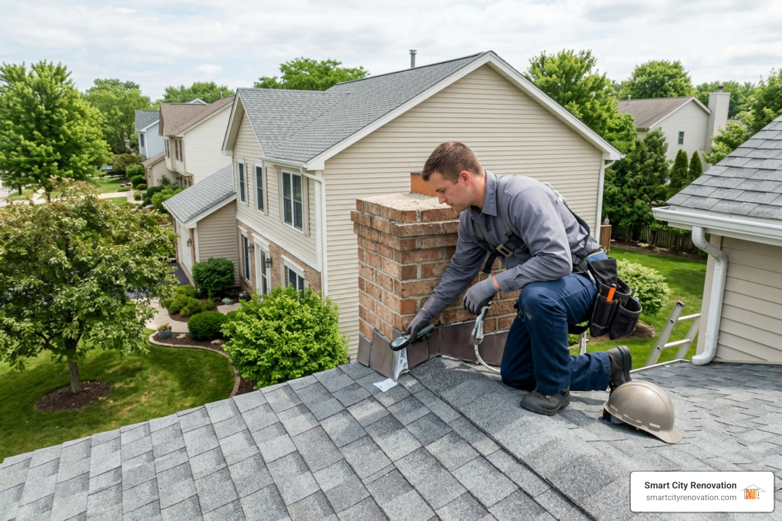 technician inspecting roof flashing