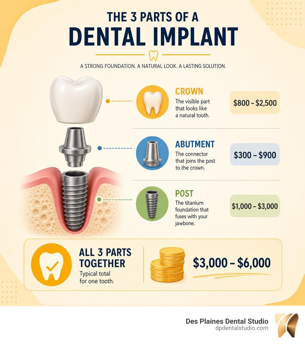 infographic showing the three parts of a dental implant: post, abutment, and crown with cost ranges infographic infographic showing the three parts of a dental implant: post, abutment, and crown with cost ranges infographic