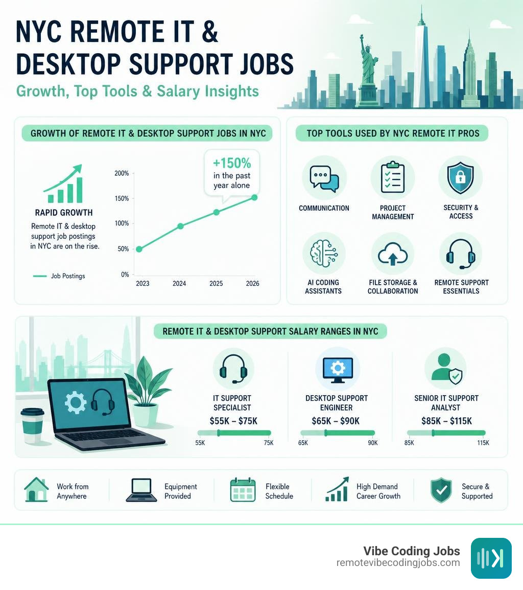 Infographic showing growth of remote IT and desktop support jobs in NYC, top tools used, and salary ranges infographic