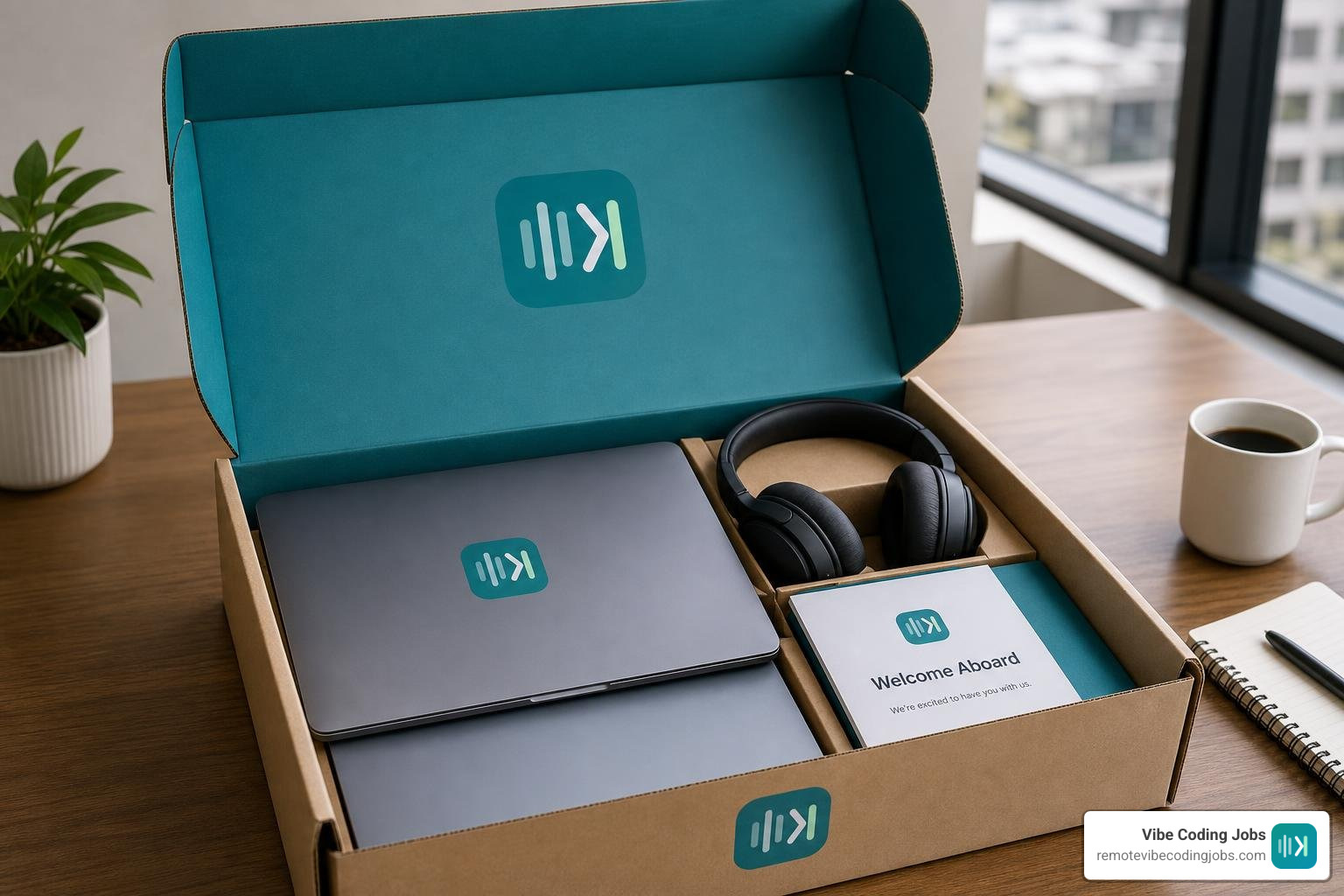 Branded corporate box containing laptop, headset, and onboarding documents
