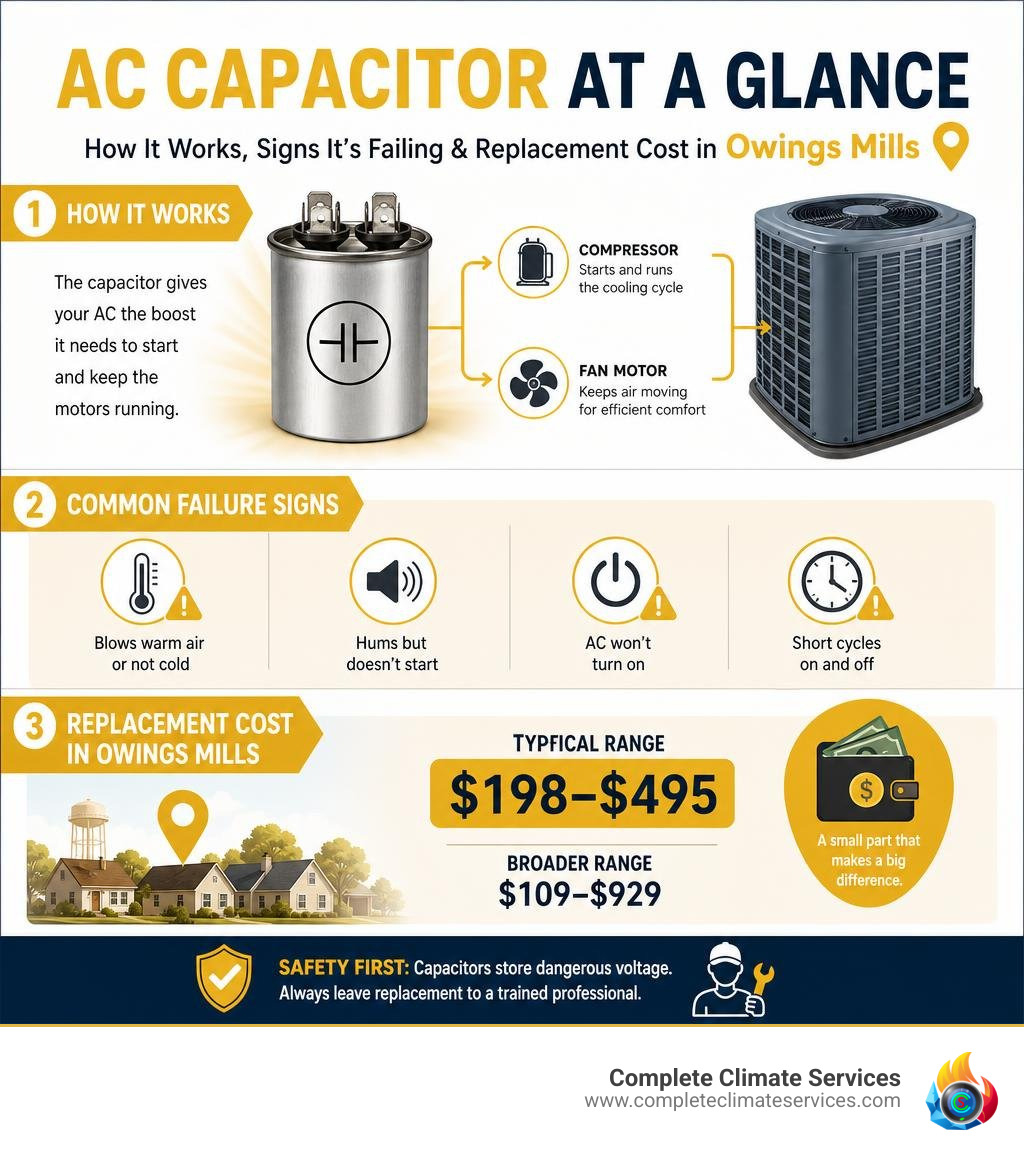 Infographic showing how an AC capacitor works, common failure signs, and replacement cost ranges in Owings Mills infographic