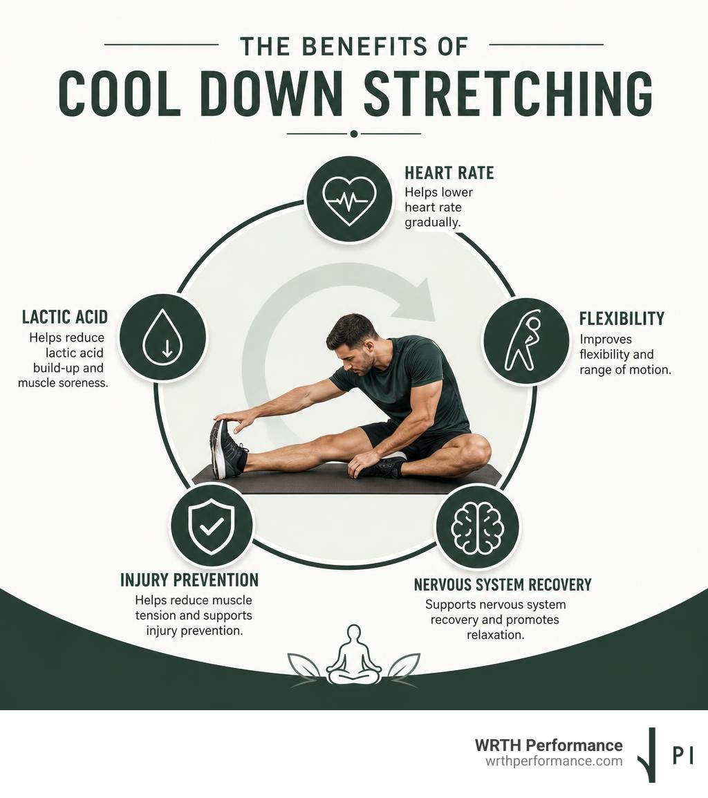 Benefits of cool down stretching: heart rate, lactic acid, flexibility, injury prevention, nervous system recovery Benefits of cool down stretching: heart rate, lactic acid, flexibility, injury prevention, nervous system recovery