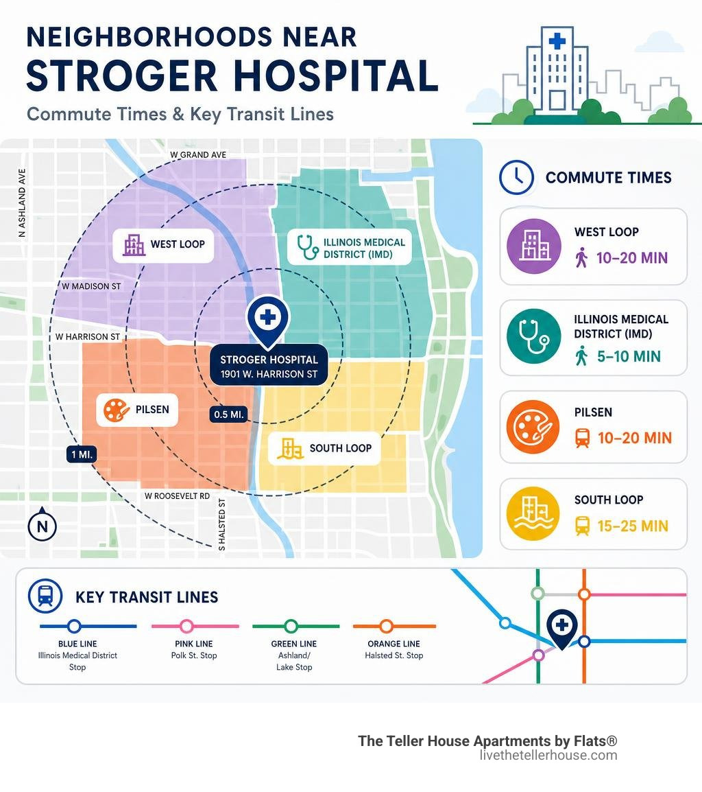 Map infographic: neighborhoods near Stroger Hospital, commute times, and key transit lines infographic