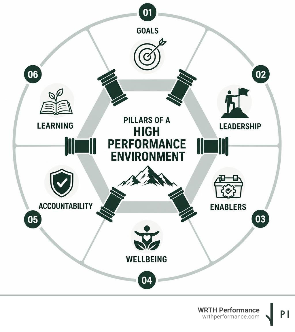 Pillars of a high performance environment: goals, leadership, enablers, wellbeing, accountability, learning infographic Pillars of a high performance environment: goals, leadership, enablers, wellbeing, accountability, learning infographic