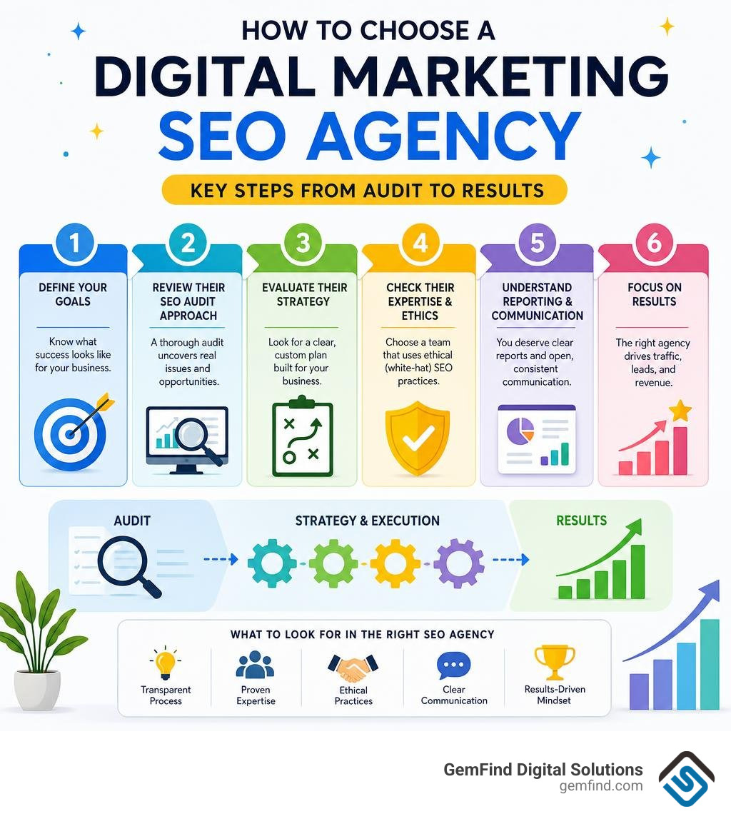 How to choose a digital marketing SEO agency: key steps from audit to results infographic How to choose a digital marketing SEO agency: key steps from audit to results infographic