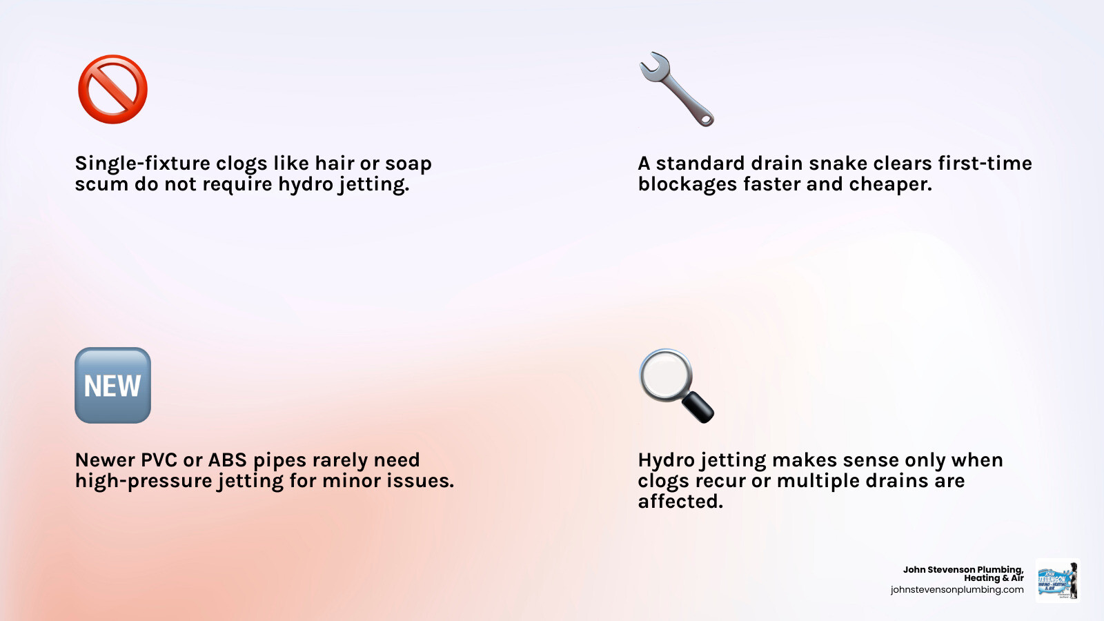 Infographic comparing when to use drain snaking vs hydro jetting based on clog type and pipe condition infographic