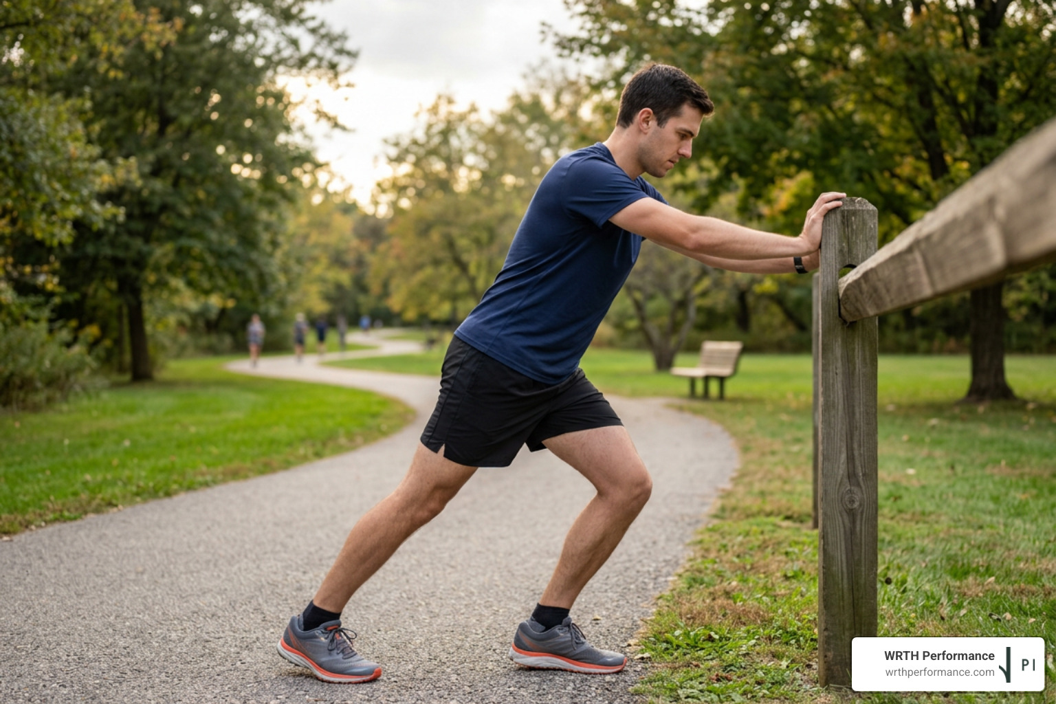 Runner stretching calves post-workout to improve blood circulation Runner stretching calves post-workout to improve blood circulation