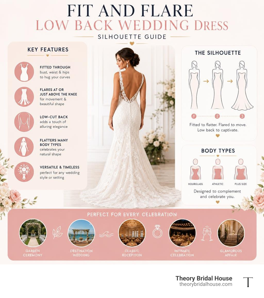 Infographic explaining fit and flare low back wedding dress silhouette key features and body types infographic