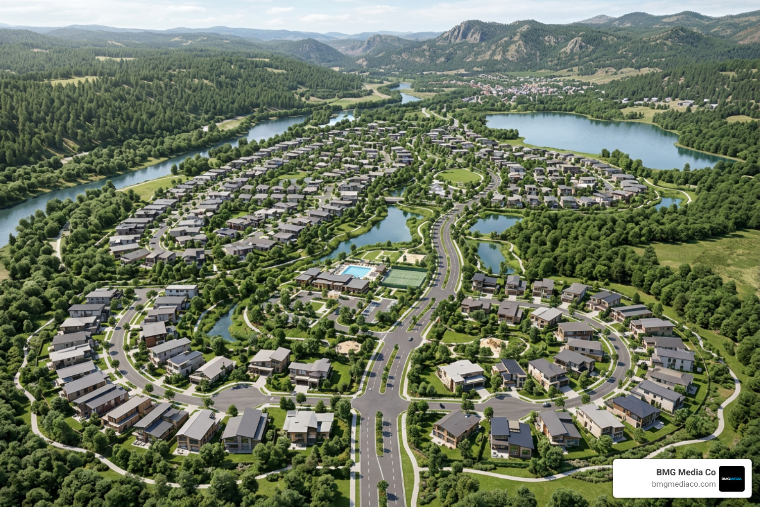 Aerial 3D render showing neighborhood context, landscaping, and master-planned development scale
