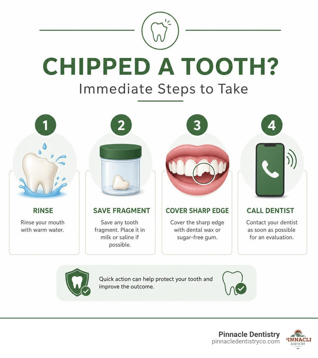 Immediate steps after chipping a tooth: rinse, save fragment, cover sharp edge, call dentist infographic