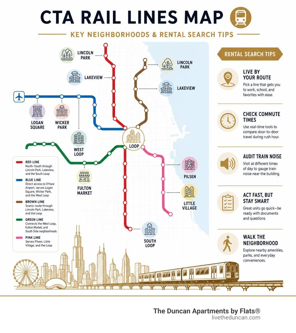 CTA rail lines map showing key neighborhoods and rental search tips for Chicago renters infographic CTA rail lines map showing key neighborhoods and rental search tips for Chicago renters infographic