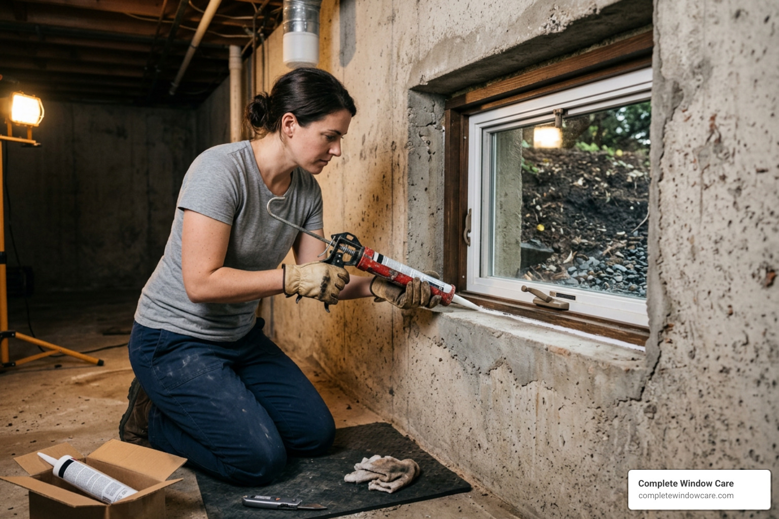 homeowner applying caulk to a basement window frame homeowner applying caulk to a basement window frame