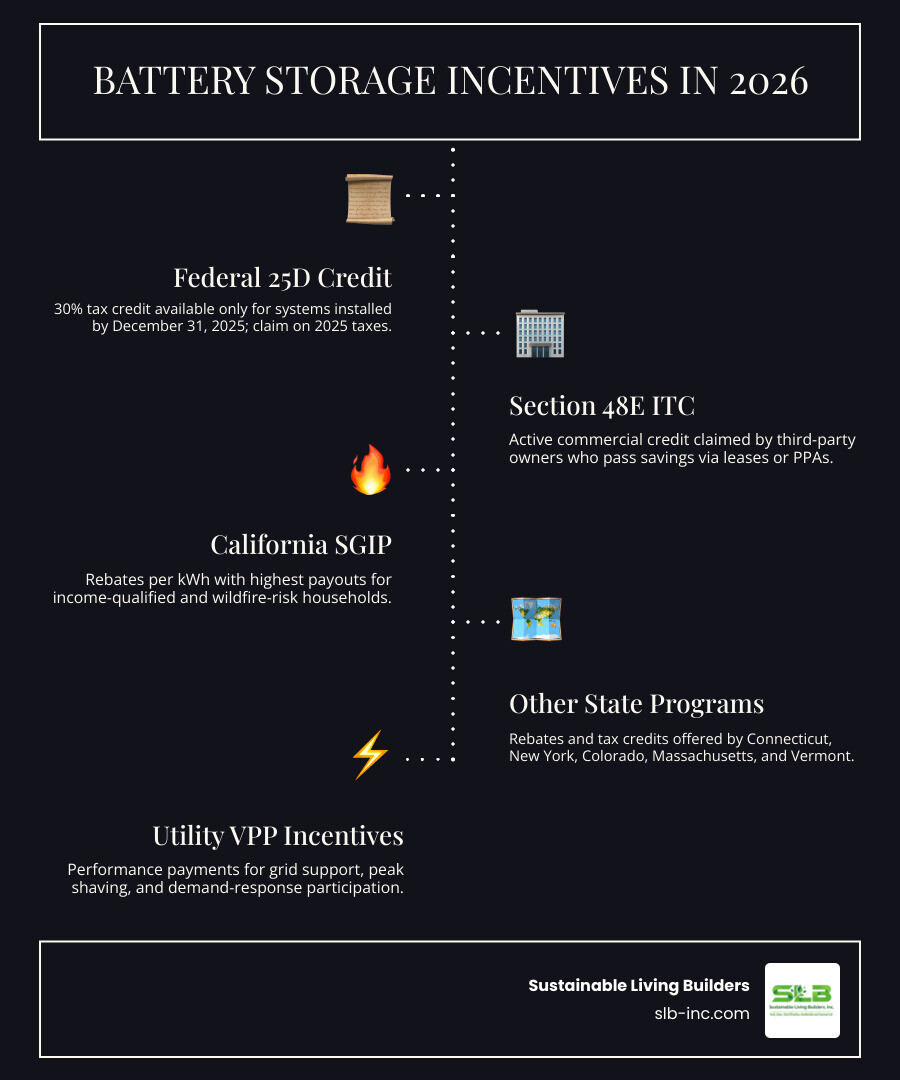 Overview infographic of battery storage incentives and tax credits available in 2026 infographic