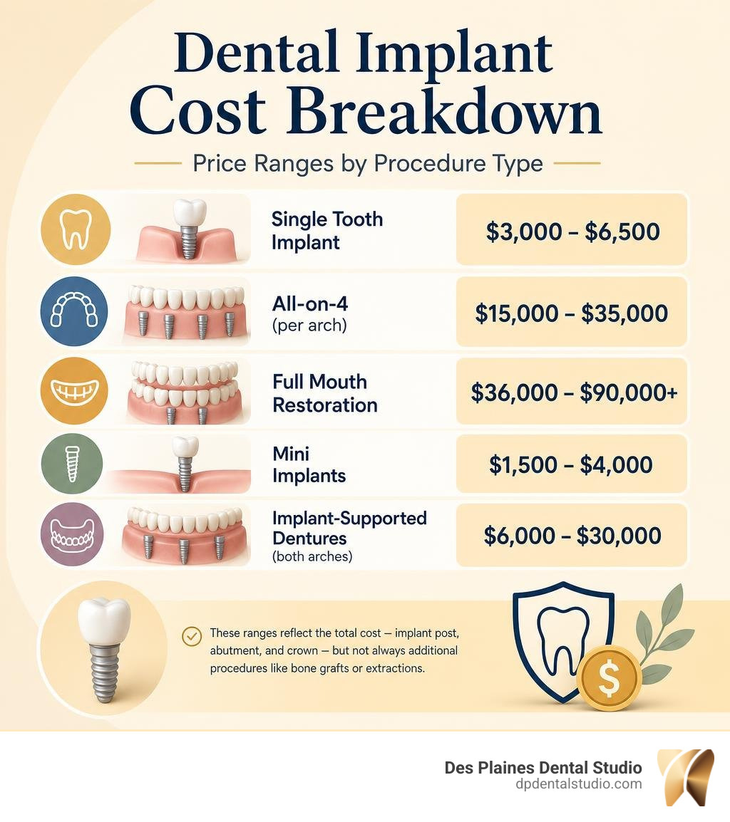 dental implant cost breakdown infographic with price ranges by procedure type infographic