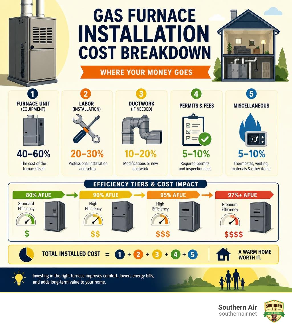 gas furnace installation cost breakdown infographic with unit cost, labor, ductwork, permits, and efficiency tiers gas furnace installation cost breakdown infographic with unit cost, labor, ductwork, permits, and efficiency tiers