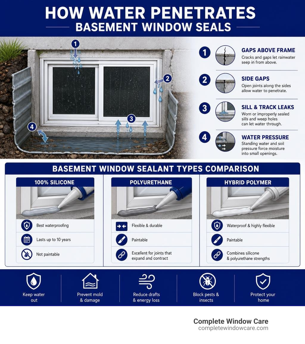 Infographic showing how water penetrates basement window seals and sealant types comparison infographic Infographic showing how water penetrates basement window seals and sealant types comparison infographic
