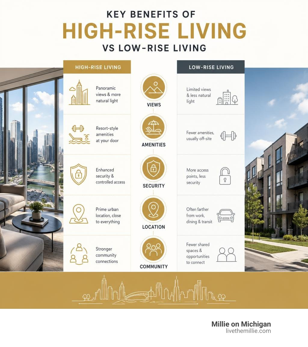 Key benefits of living in high-rise apartment buildings vs low-rise: views, amenities, security, location, community Key benefits of living in high-rise apartment buildings vs low-rise: views, amenities, security, location, community