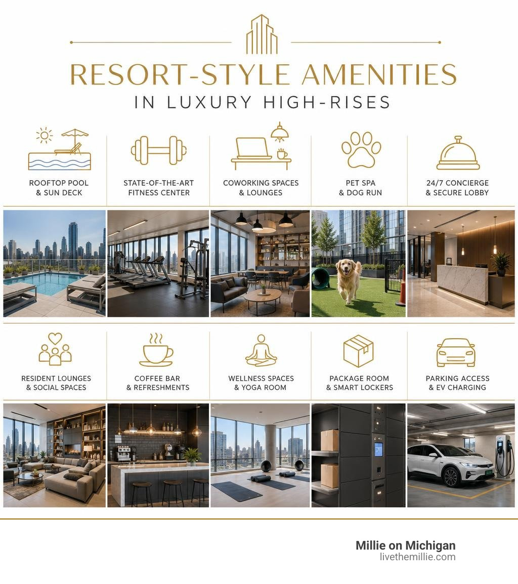 Interactive comparison of resort-style amenities found in luxury high-rises infographic Interactive comparison of resort-style amenities found in luxury high-rises infographic