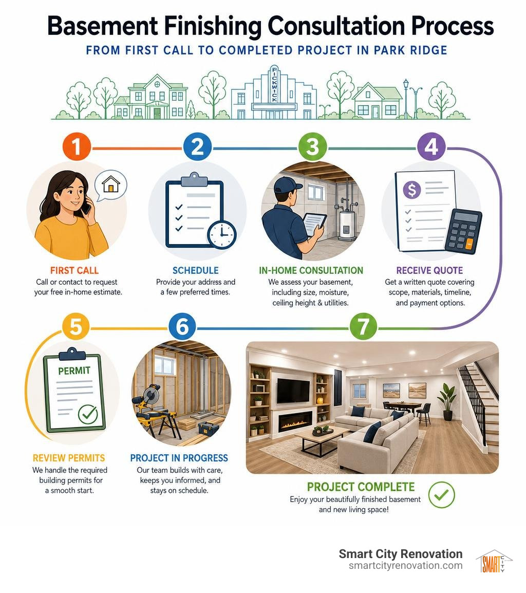 Step-by-step basement finishing consultation process from first call to completed project in Park Ridge infographic