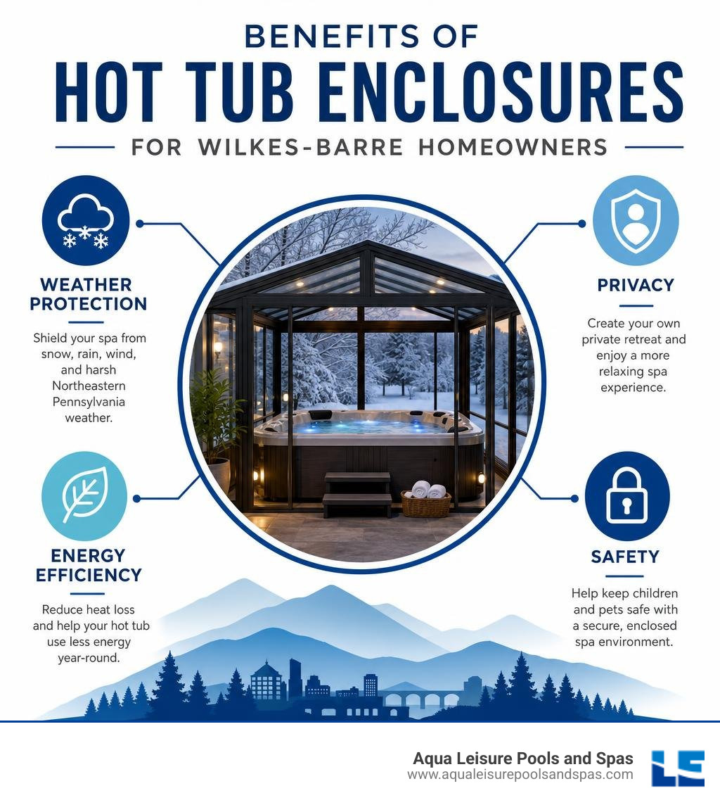 Benefits of hot tub enclosures for Wilkes-Barre homeowners: weather, privacy, energy, safety infographic