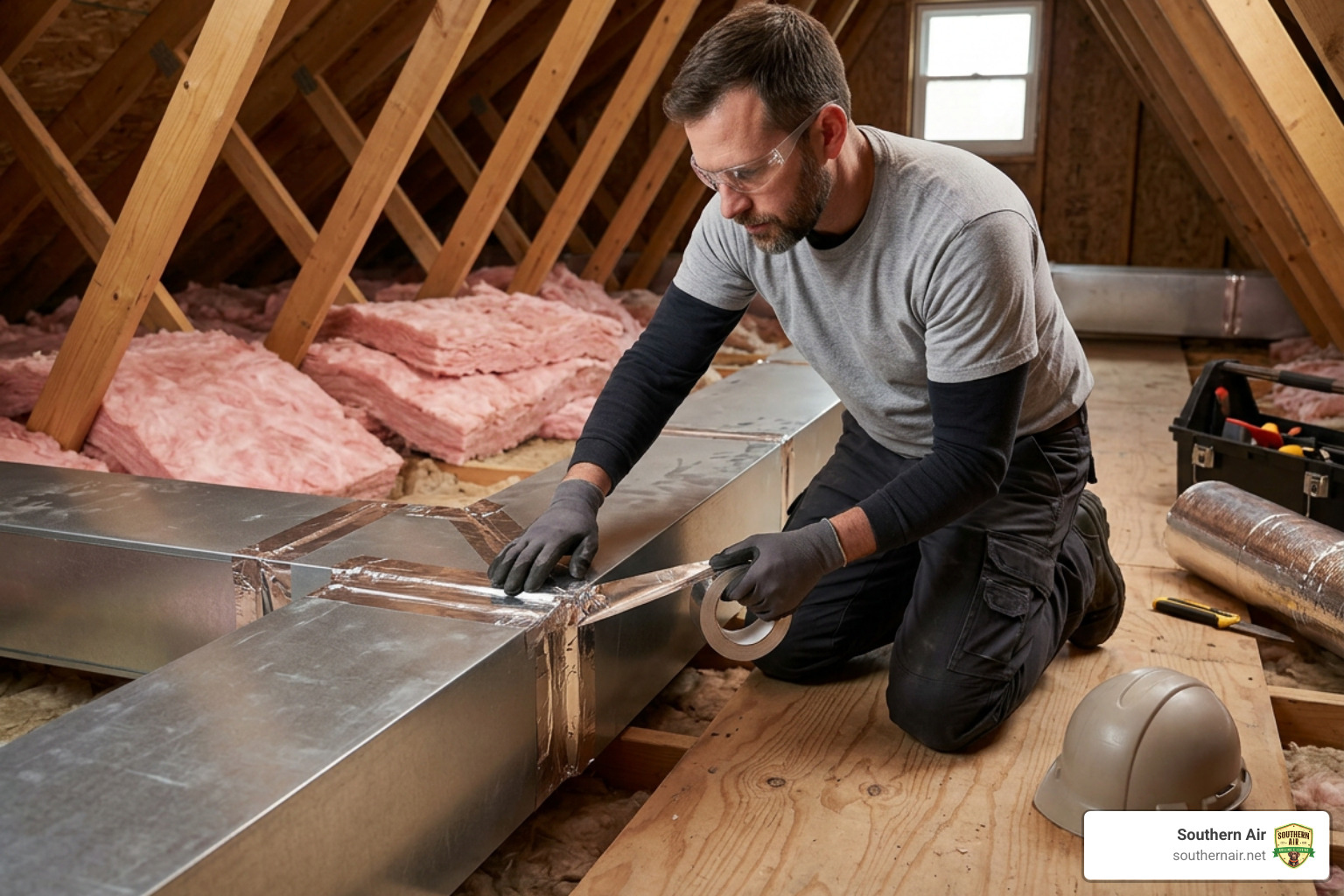 professional technician sealing metal ductwork to prevent heat loss professional technician sealing metal ductwork to prevent heat loss