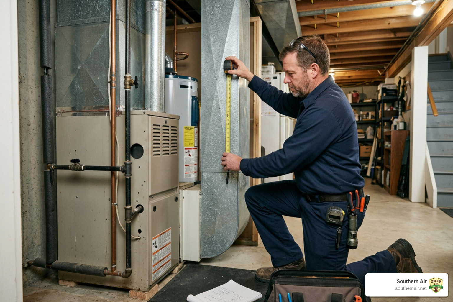 HVAC technician measuring a home for a new gas furnace installation HVAC technician measuring a home for a new gas furnace installation