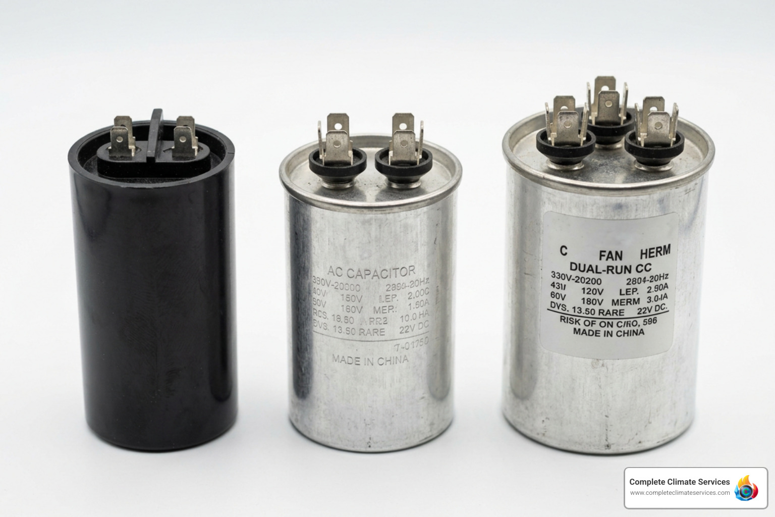Different types of AC capacitors including start, run, and dual-run models