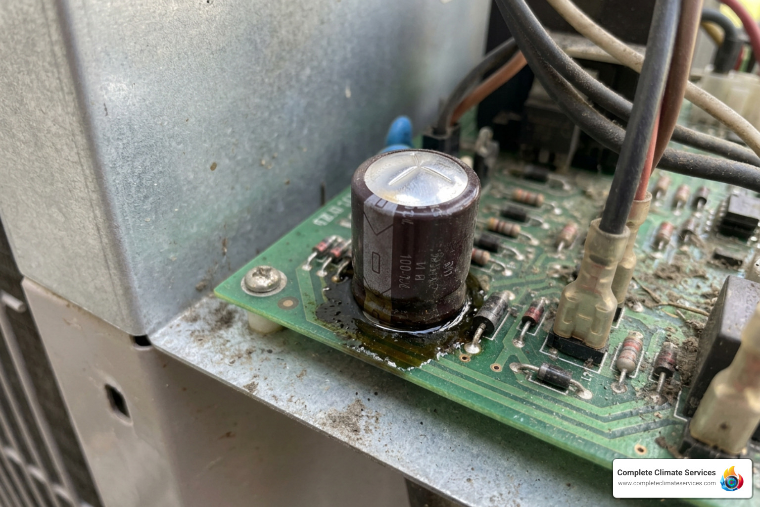 A failed, swollen AC capacitor showing signs of bulging and oil leakage