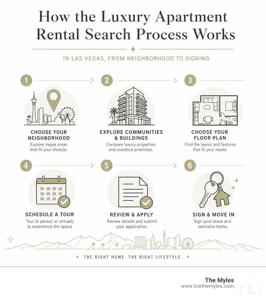 How the luxury apartment rental search process works in Las Vegas, from neighborhood to signing infographic