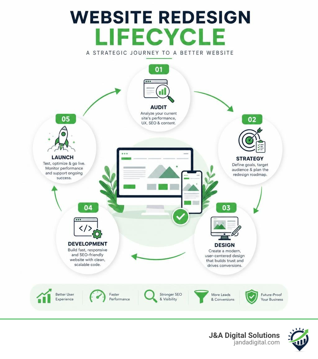 Website redesign lifecycle infographic showing audit, strategy, design, development, and launch phases infographic Website redesign lifecycle infographic showing audit, strategy, design, development, and launch phases infographic