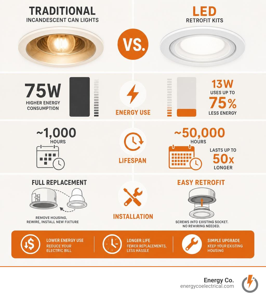 Infographic comparing traditional incandescent can lights vs LED retrofit kits on energy, lifespan, and installation Infographic comparing traditional incandescent can lights vs LED retrofit kits on energy, lifespan, and installation