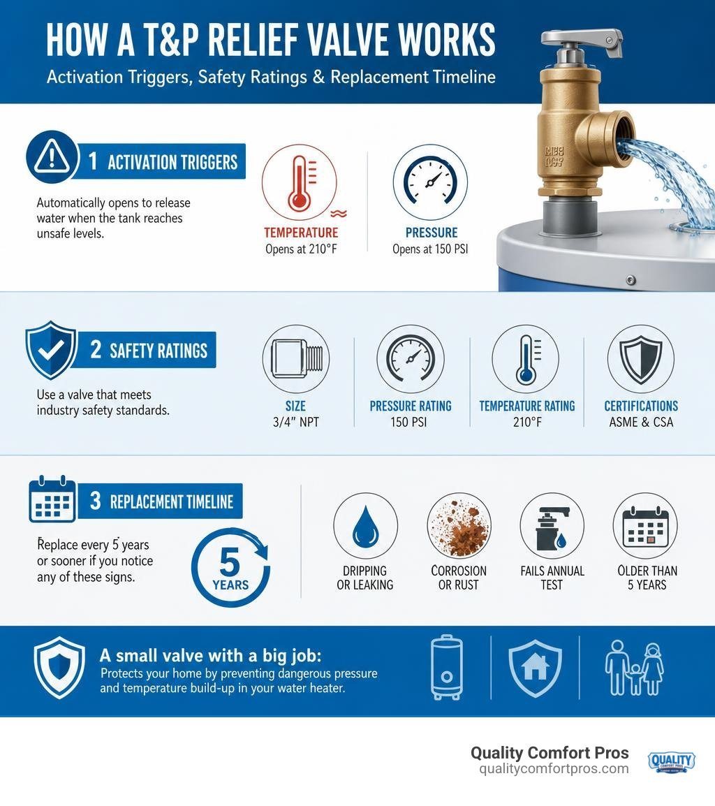 How a T&P relief valve works: activation triggers, safety ratings, and replacement timeline infographic infographic