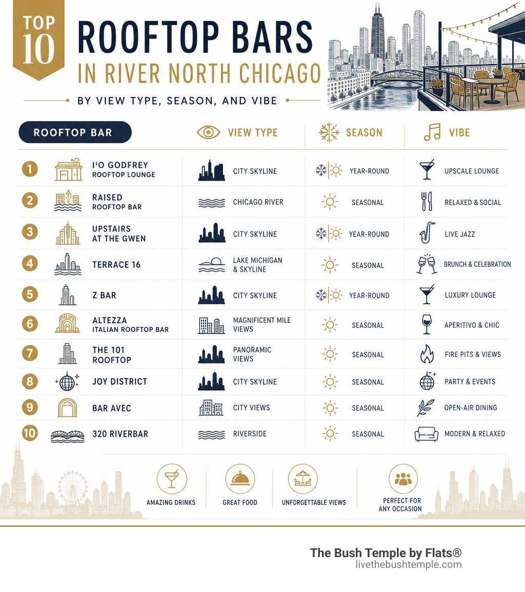 Top 10 rooftop bars in River North Chicago by view type, season, and vibe infographic Top 10 rooftop bars in River North Chicago by view type, season, and vibe infographic