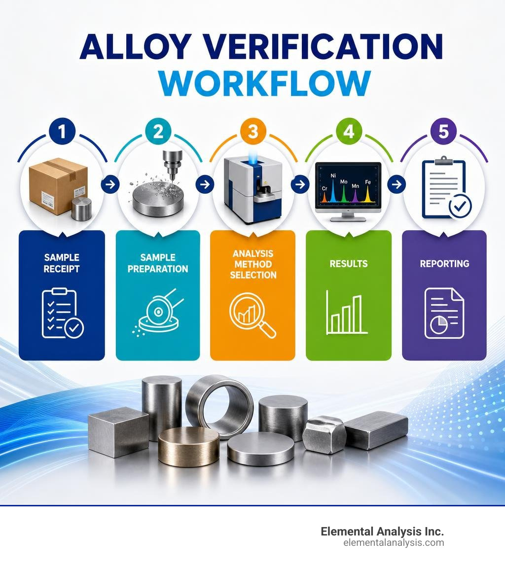 Alloy verification workflow: sample receipt, preparation, analysis method selection, results, and reporting infographic Alloy verification workflow: sample receipt, preparation, analysis method selection, results, and reporting infographic