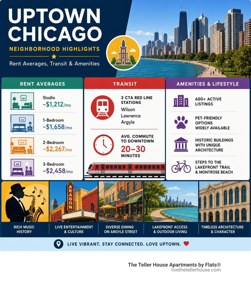 Uptown Chicago neighborhood highlights infographic with rent averages, transit, and amenities infographic Uptown Chicago neighborhood highlights infographic with rent averages, transit, and amenities infographic