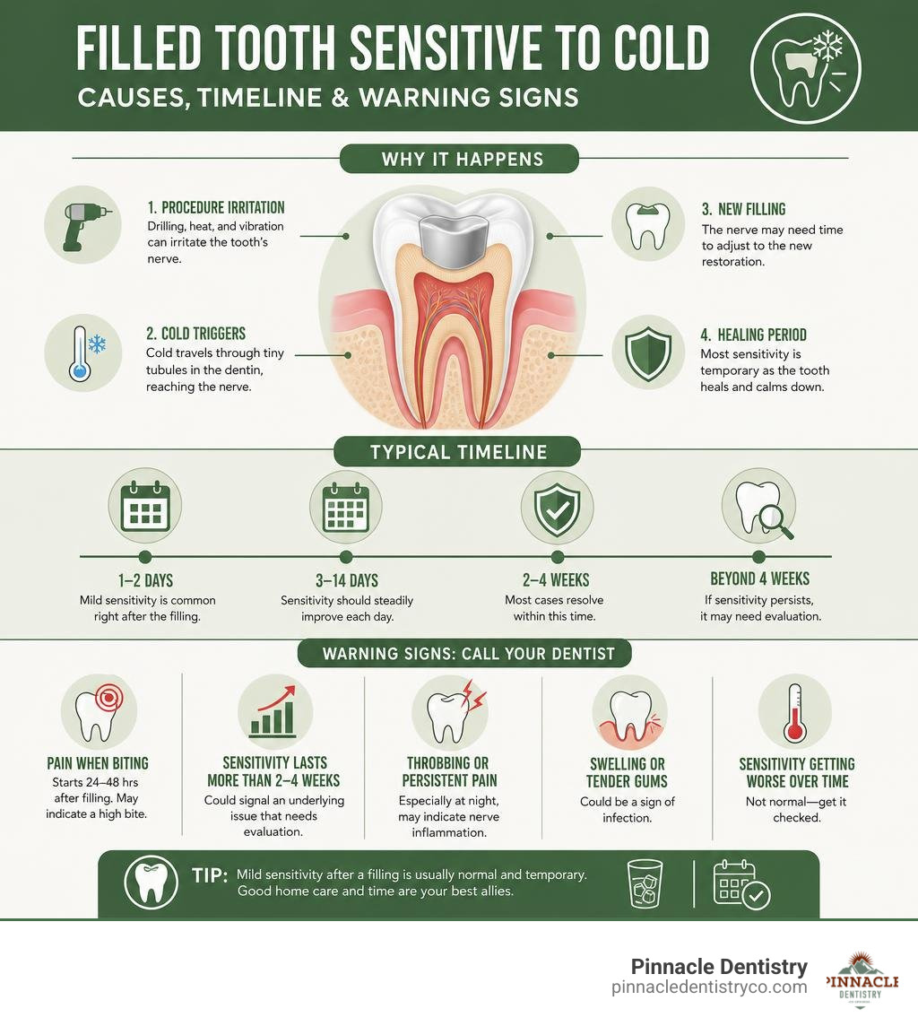 Infographic explaining causes, timeline, and warning signs of cold sensitivity after a dental filling infographic