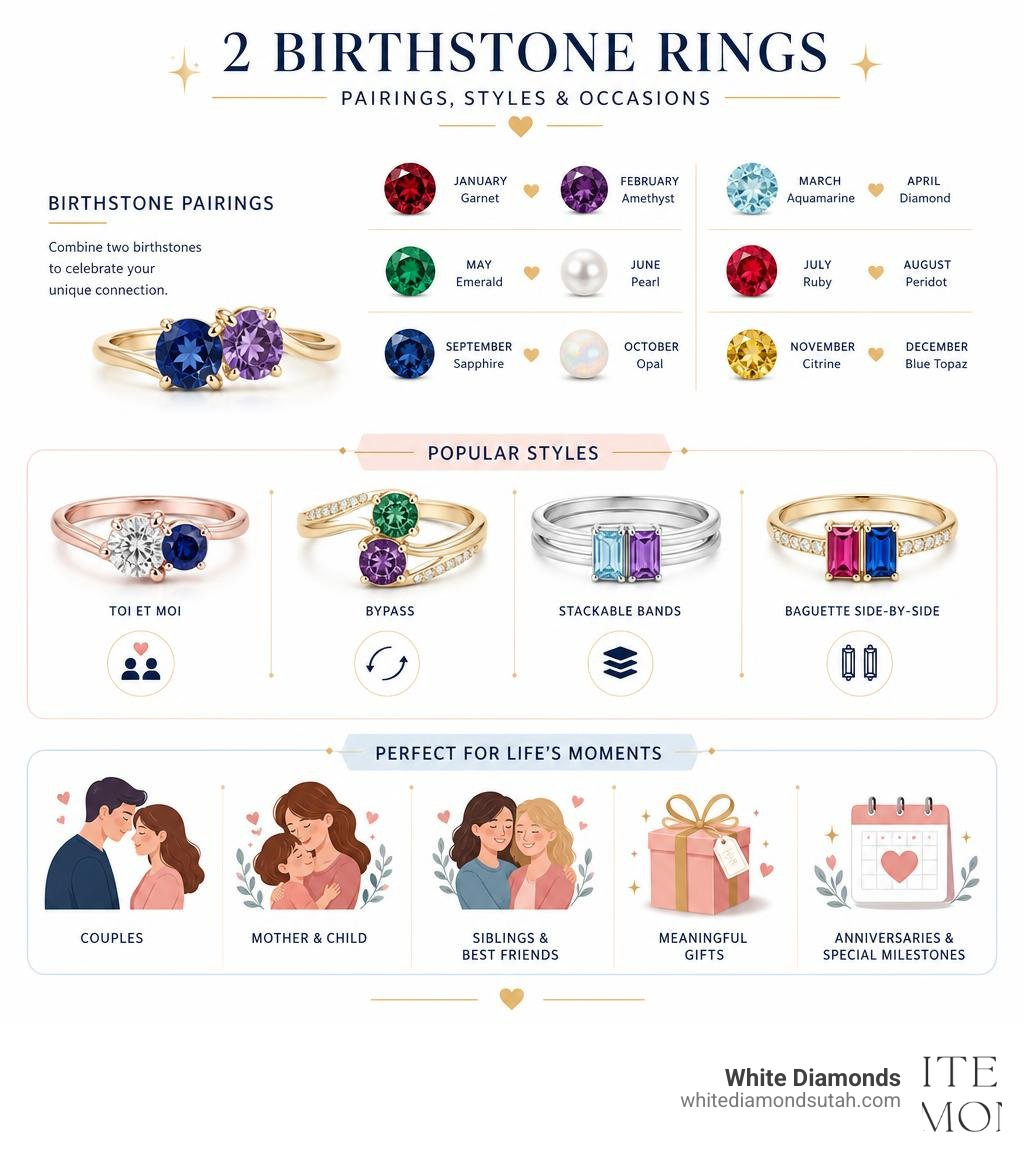 Infographic showing birthstone pairings, styles, and occasions for 2 birthstone rings infographic Infographic showing birthstone pairings, styles, and occasions for 2 birthstone rings infographic