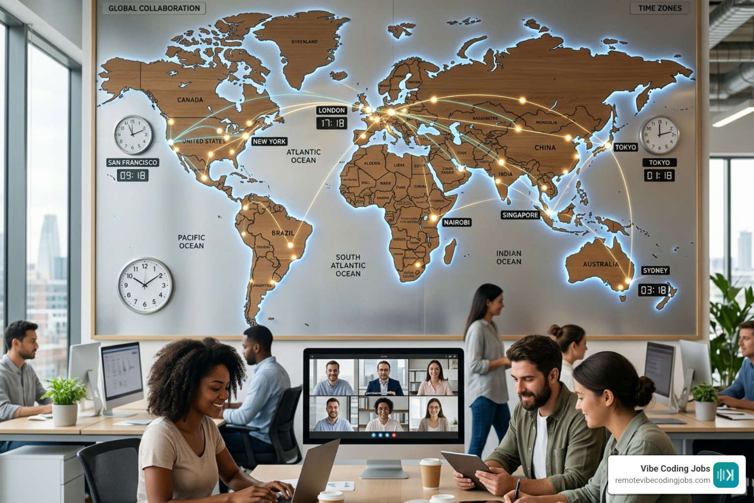 global map showing distributed team members collaborating across time zones