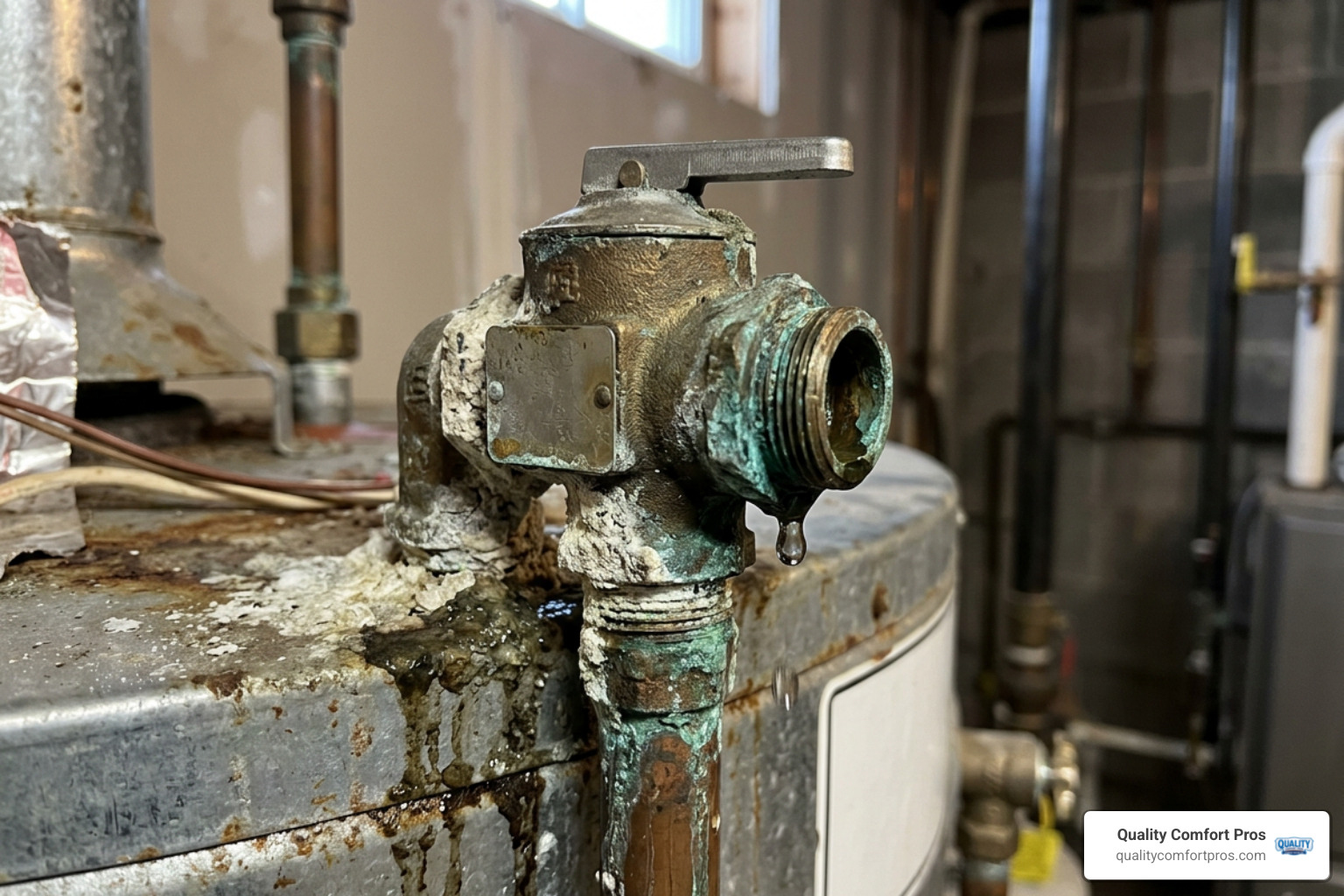 corroded water heater temperature and pressure relief valve showing mineral buildup