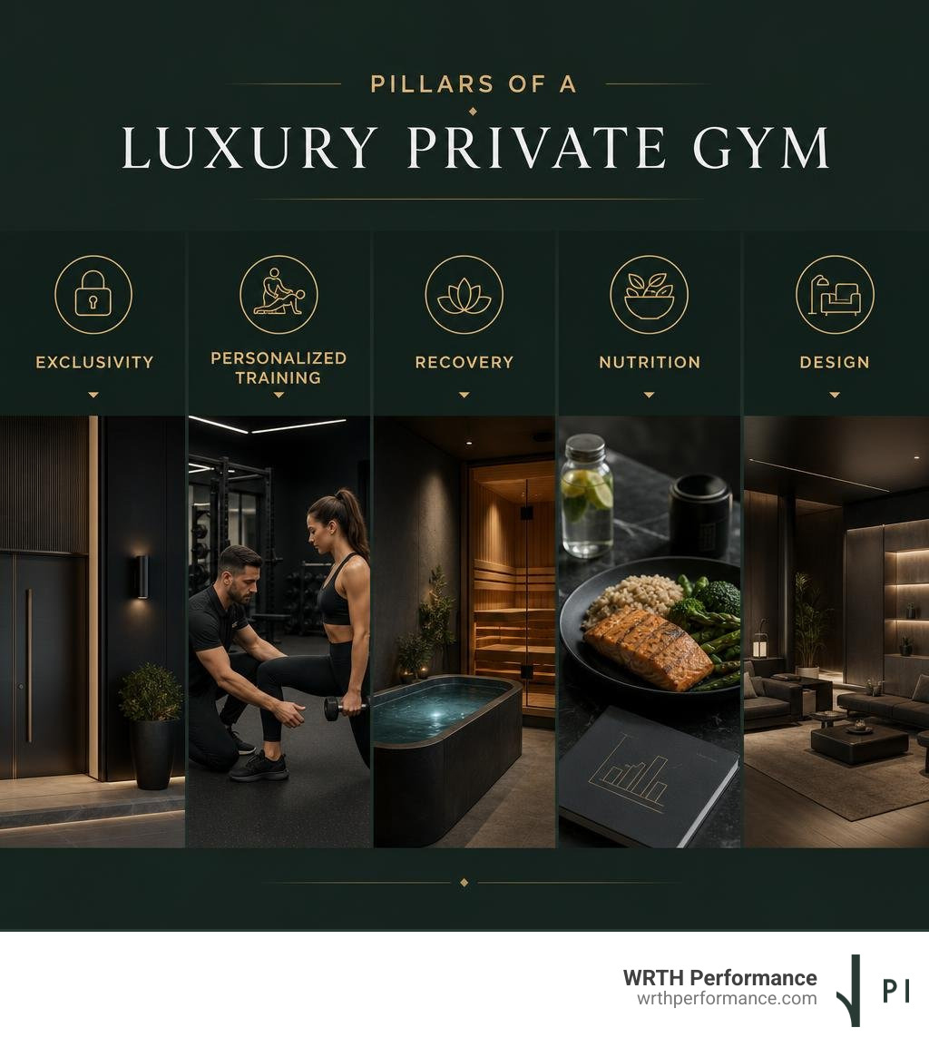Pillars of a luxury private gym: exclusivity, personalized training, recovery, nutrition, and design infographic Pillars of a luxury private gym: exclusivity, personalized training, recovery, nutrition, and design infographic