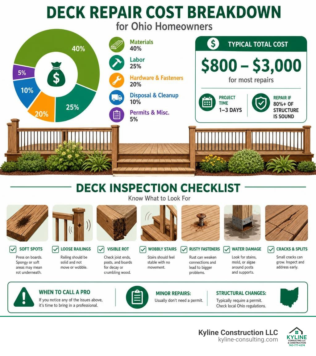 Deck repair cost breakdown and inspection checklist infographic for Ohio homeowners infographic Deck repair cost breakdown and inspection checklist infographic for Ohio homeowners infographic