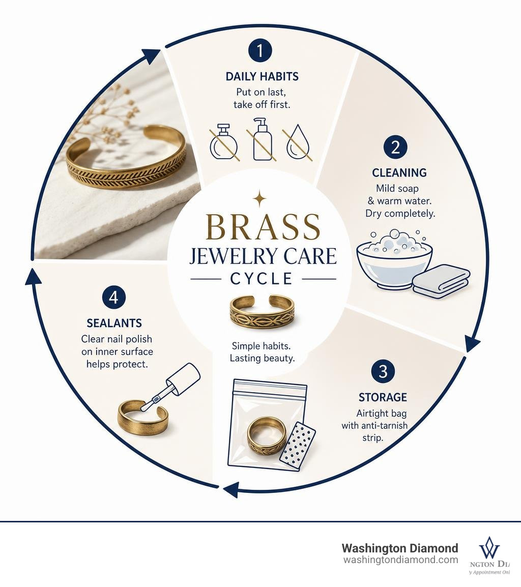 Brass jewelry care cycle: daily habits, cleaning methods, storage, and sealants infographic Brass jewelry care cycle: daily habits, cleaning methods, storage, and sealants infographic