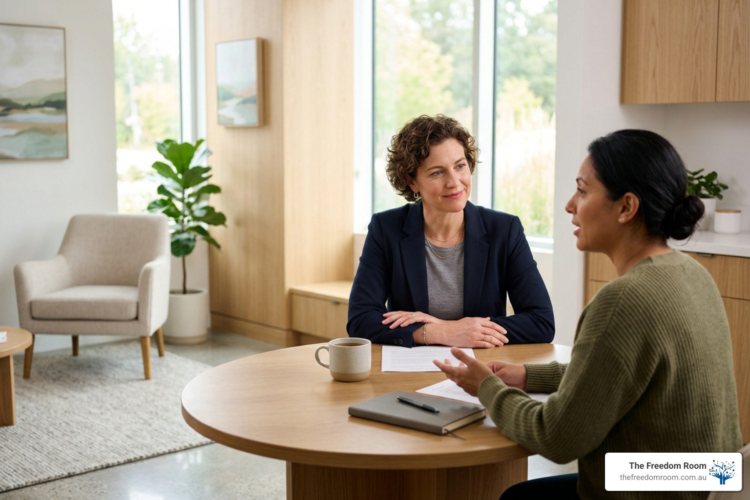 a compassionate professional consulting a client in a calm, modern Australian clinic setting a compassionate professional consulting a client in a calm, modern Australian clinic setting