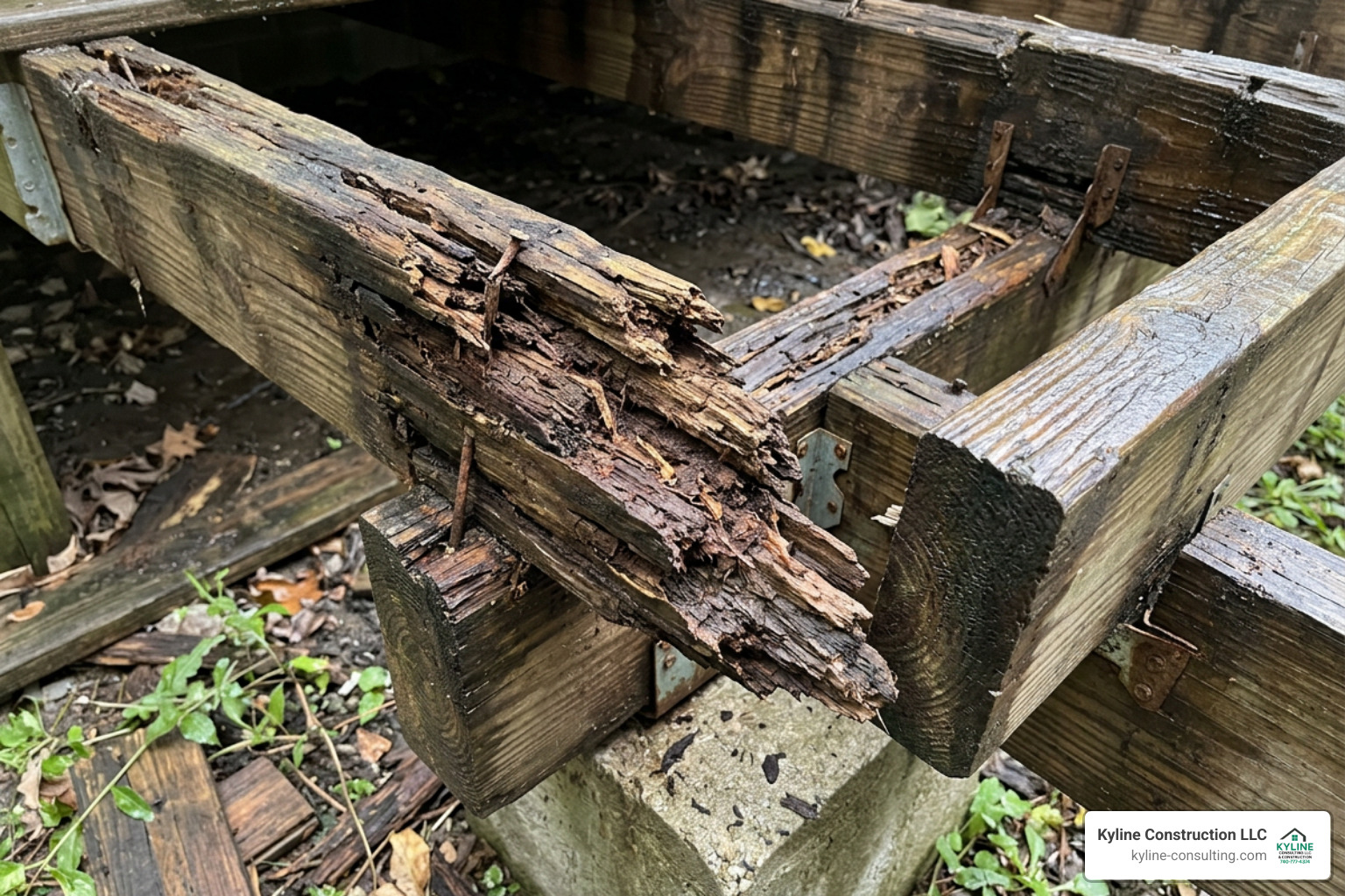 Wood rot on deck joists requiring professional structural repair Wood rot on deck joists requiring professional structural repair