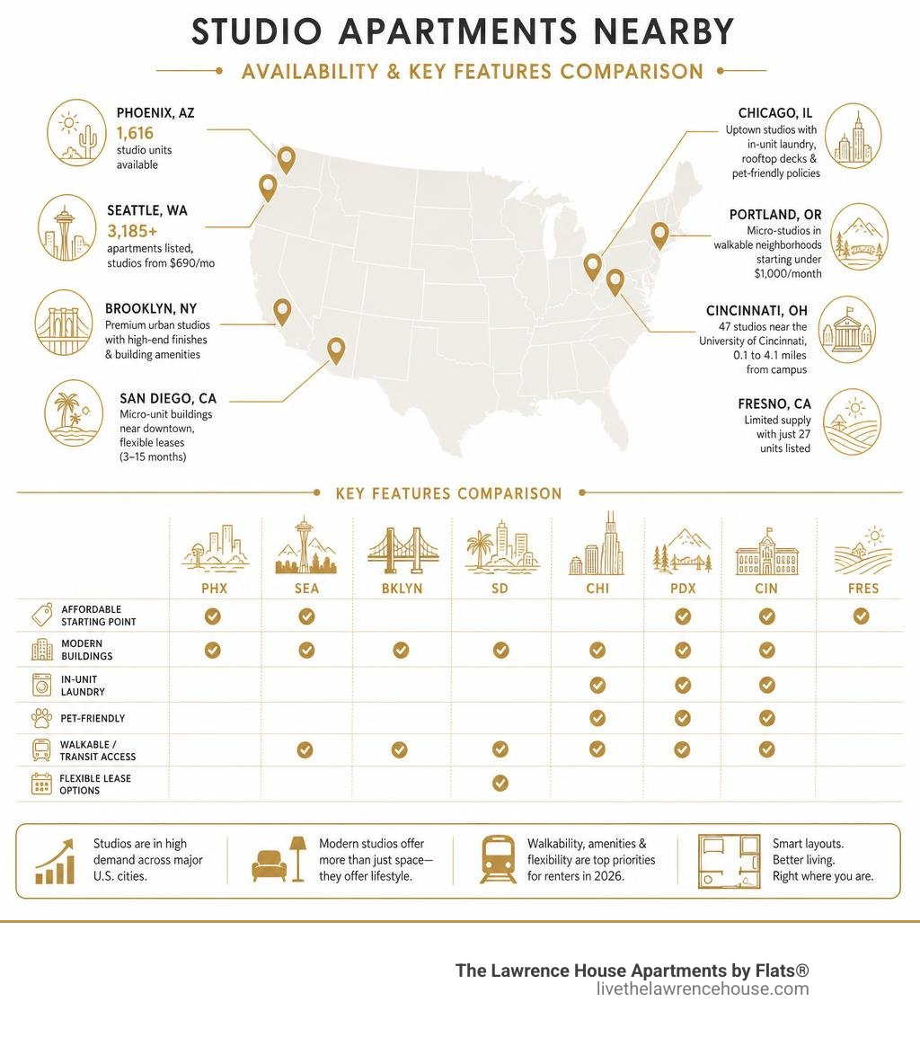 studio apartment availability and key features comparison across major US cities infographic