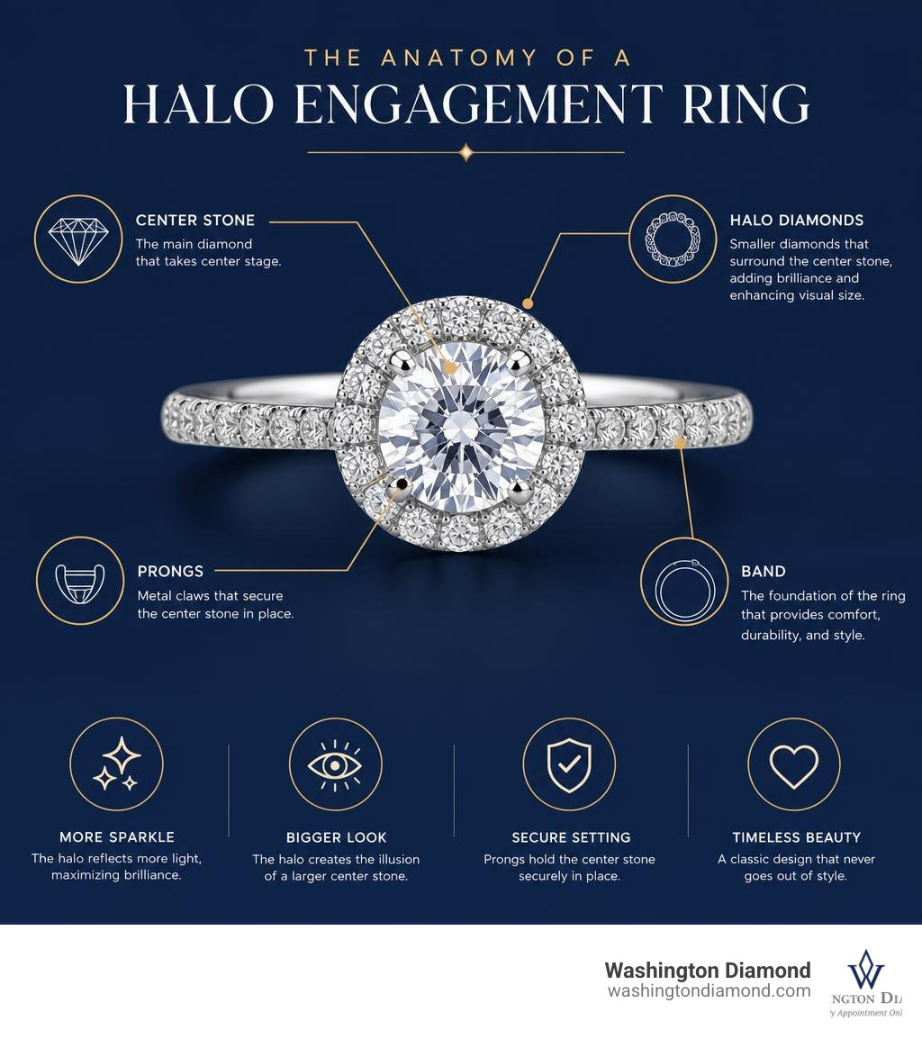 Anatomy of a halo engagement ring setting: center stone, halo diamonds, band, prongs infographic