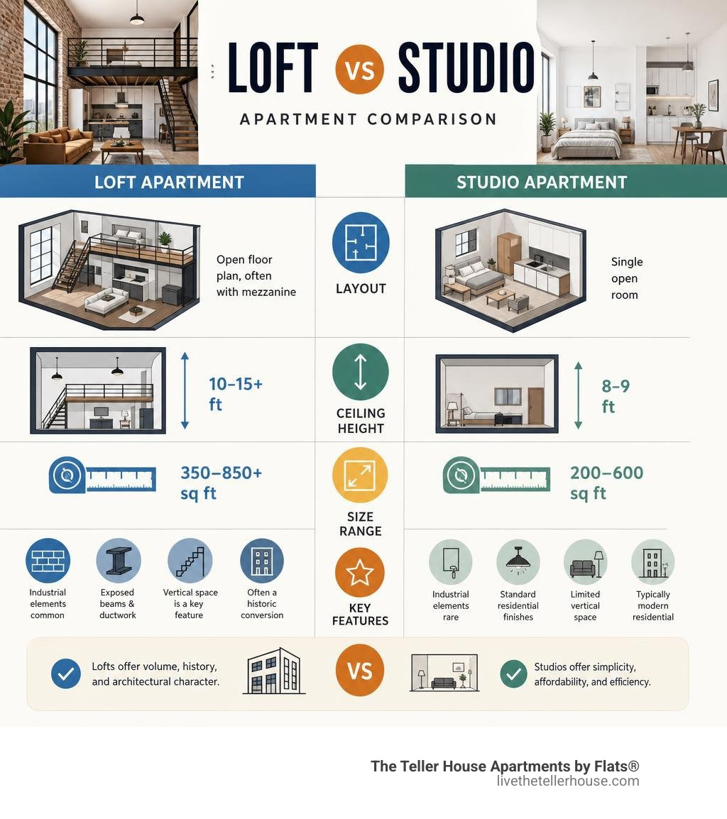 Loft vs studio apartment comparison: layout, ceiling height, size, and key features infographic
