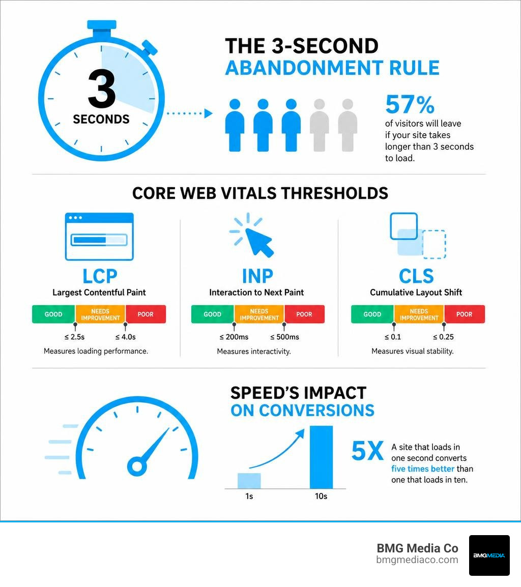 Infographic showing the 3-second abandonment rule, Core Web Vitals thresholds, and speed's impact on conversions infographic
